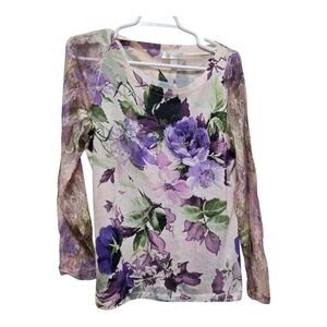 Dressbarn Floral Lace Sleeve Blouse Purple Green Large